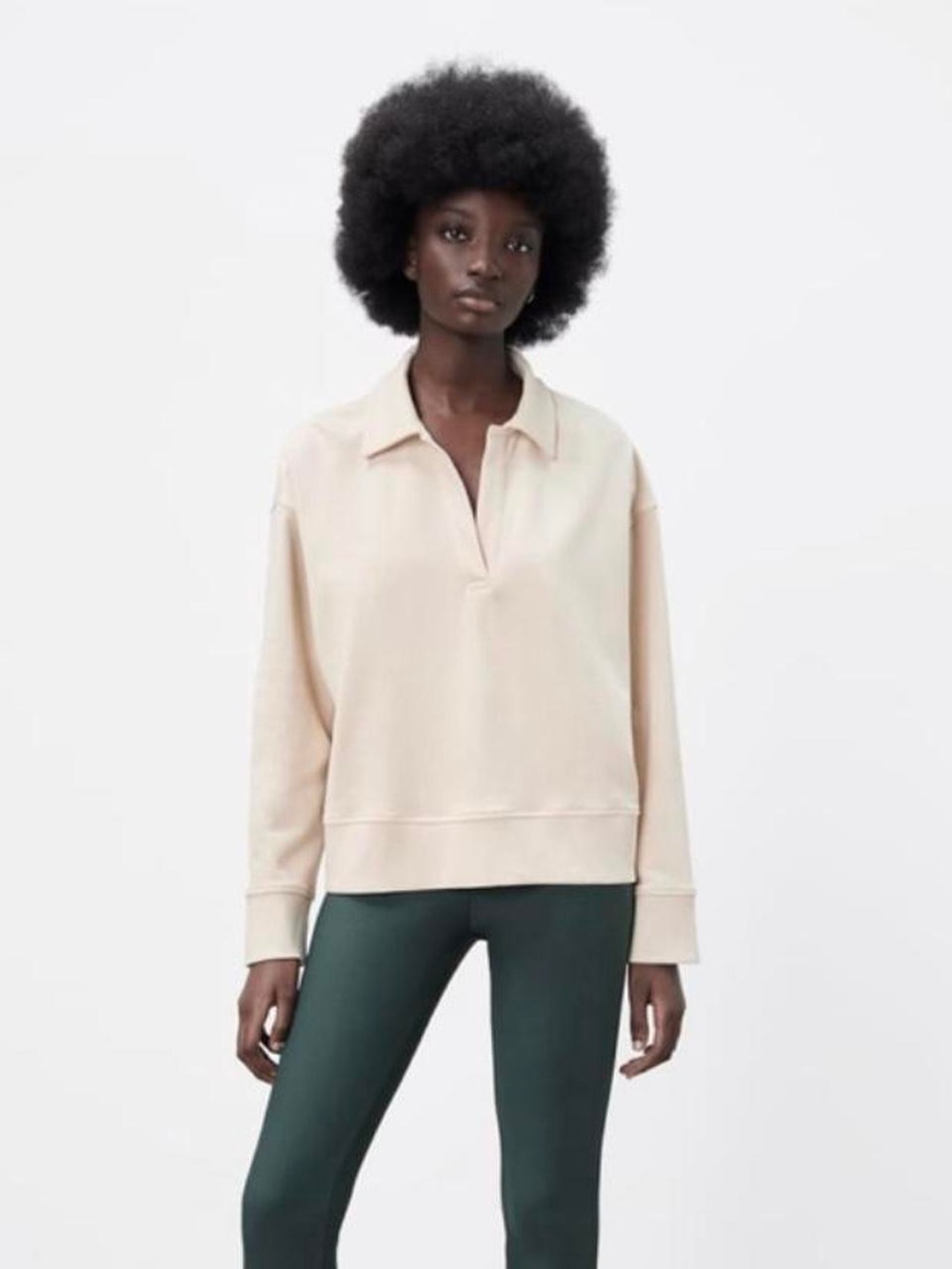 ZARA Polo Collar Sweatshirt Sweater Ivory/Cream size Small